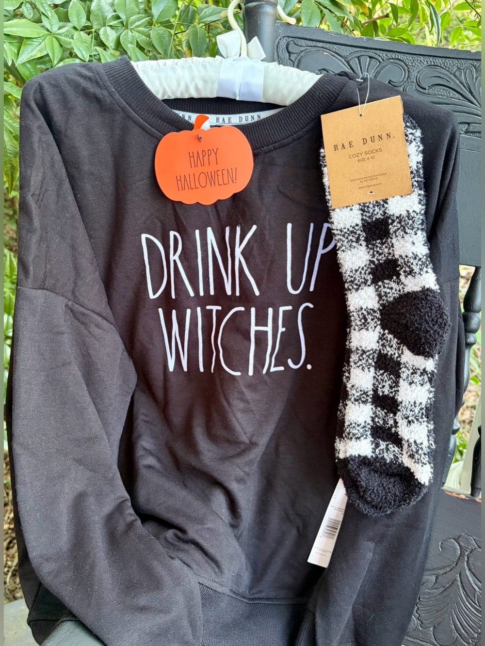 NWT RAE DUNN Black "Drink Up Witches" Cozy Sweatshirt with Buffalo Plaid Socks